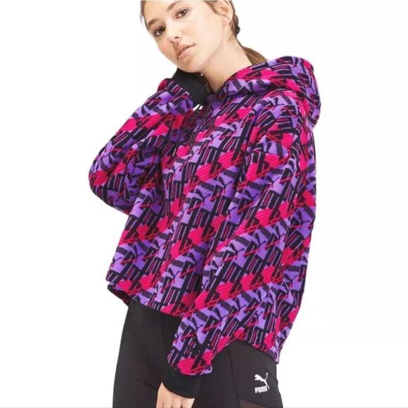 PUMA XTG 595635-64 Retro All-Over Print Fleece Hoodie Purple‎ Pink Women's Large - Picture 10 of 11